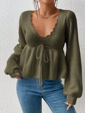 Army Green Casual Women's Deep V-Neck Twist Front Long Sleeve Sweater